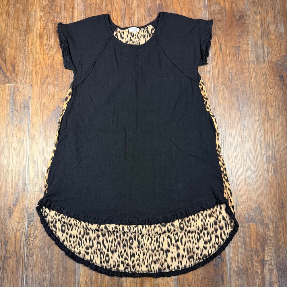 Umgee USA LARGE cotton linen black leopard print dress round neck high low